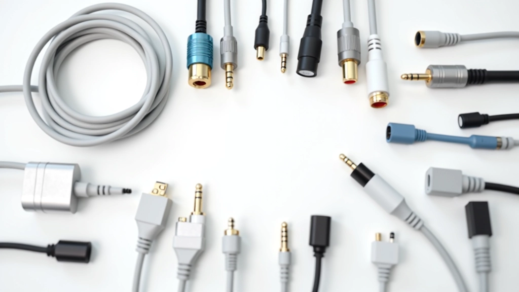 Vari tipi di cavi audio, connettori e adattatori professionali su tavolo bianco