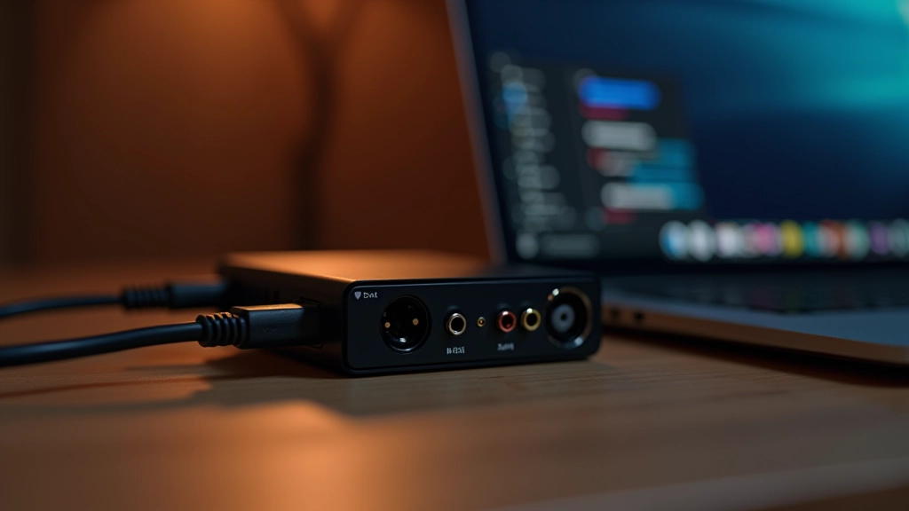 Scheda audio esterna USB collegata a computer portatile, vista laterale con cavi
