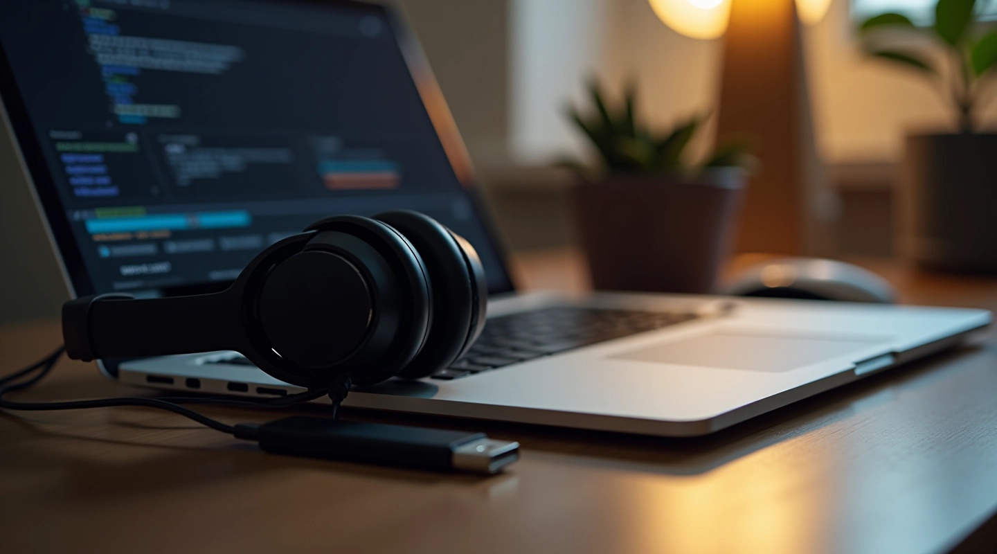 Computer portatile su scrivania con cuffie e cavo USB, vista da vicino dello schermo