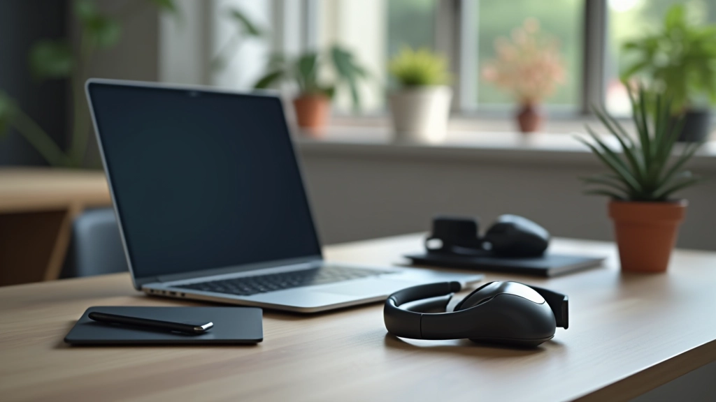 Scrivania moderna con computer portatile, mouse wireless e cuffie, primo piano, illuminazione naturale
