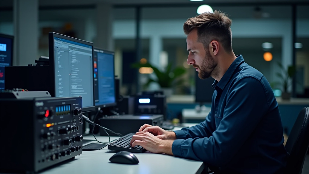 Centro servizi tecnico con attrezzature audio professionali, banco di lavoro ordinato, illuminazione brillante