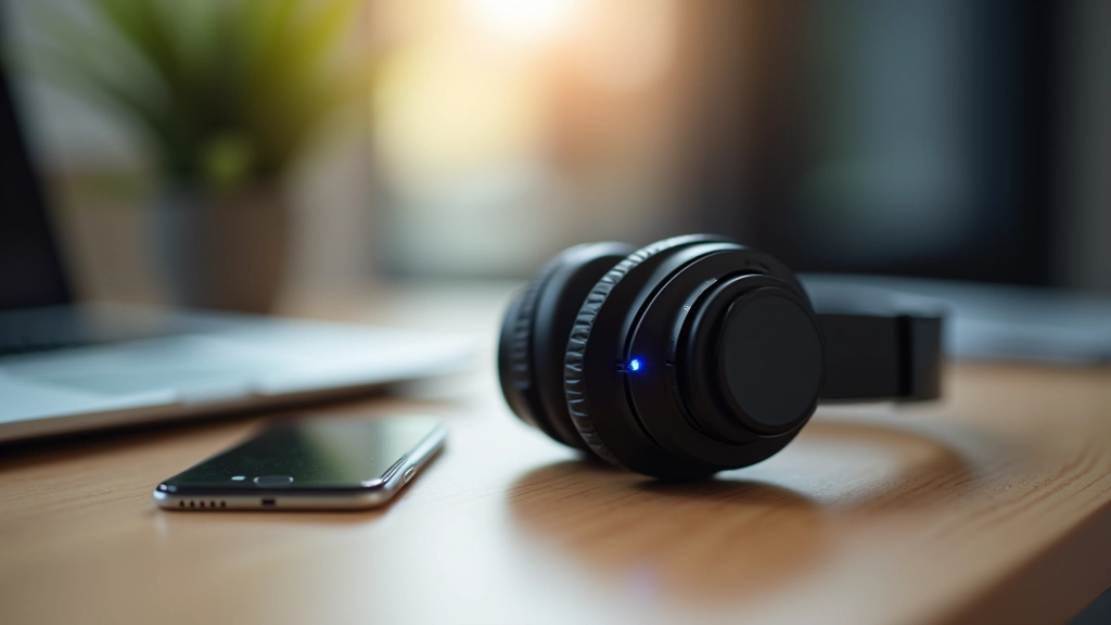 Cuffie Bluetooth su tavolo accanto a smartphone e computer, primo piano della connessione wireless